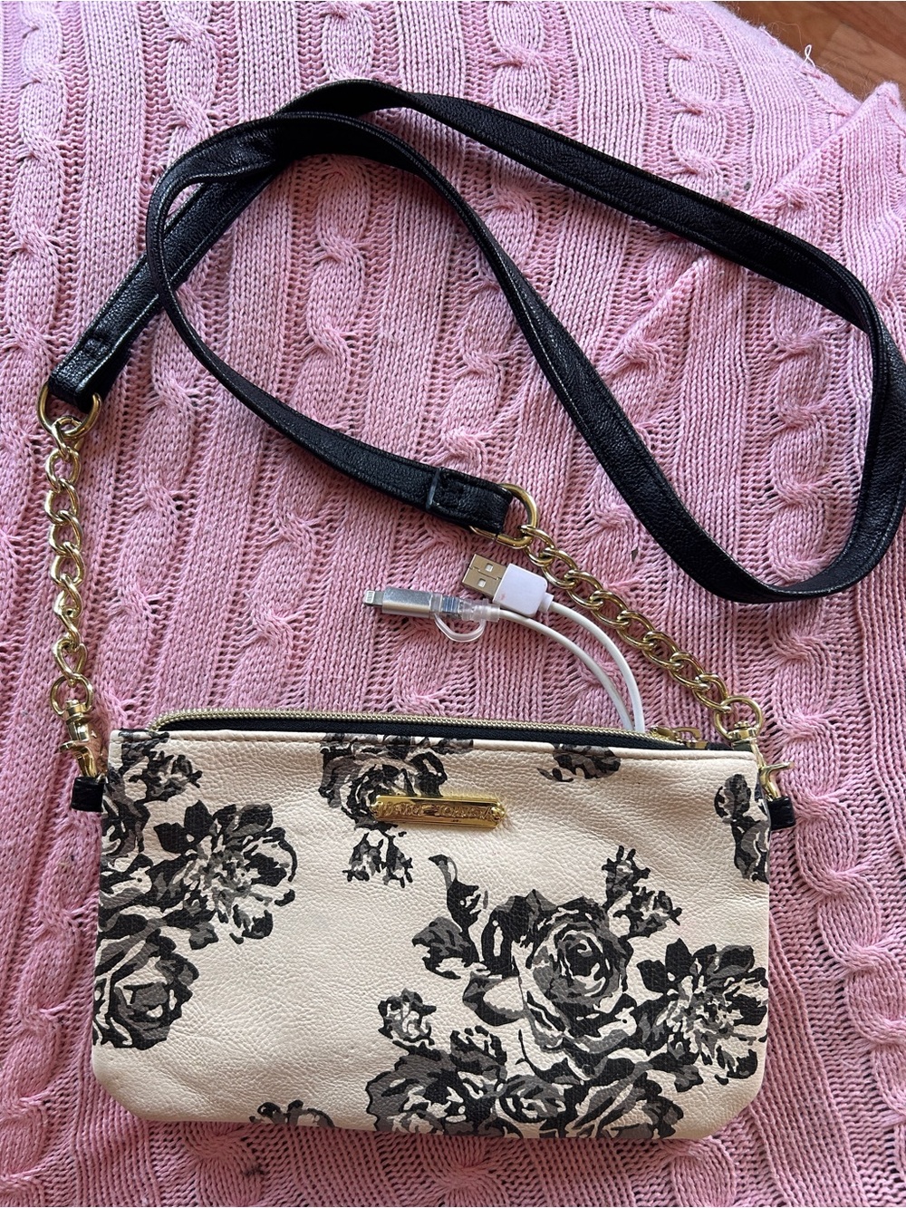 Betsey Johnson Cream Crossbody with Black Floral and Gold Chain WITH POWER BANK
